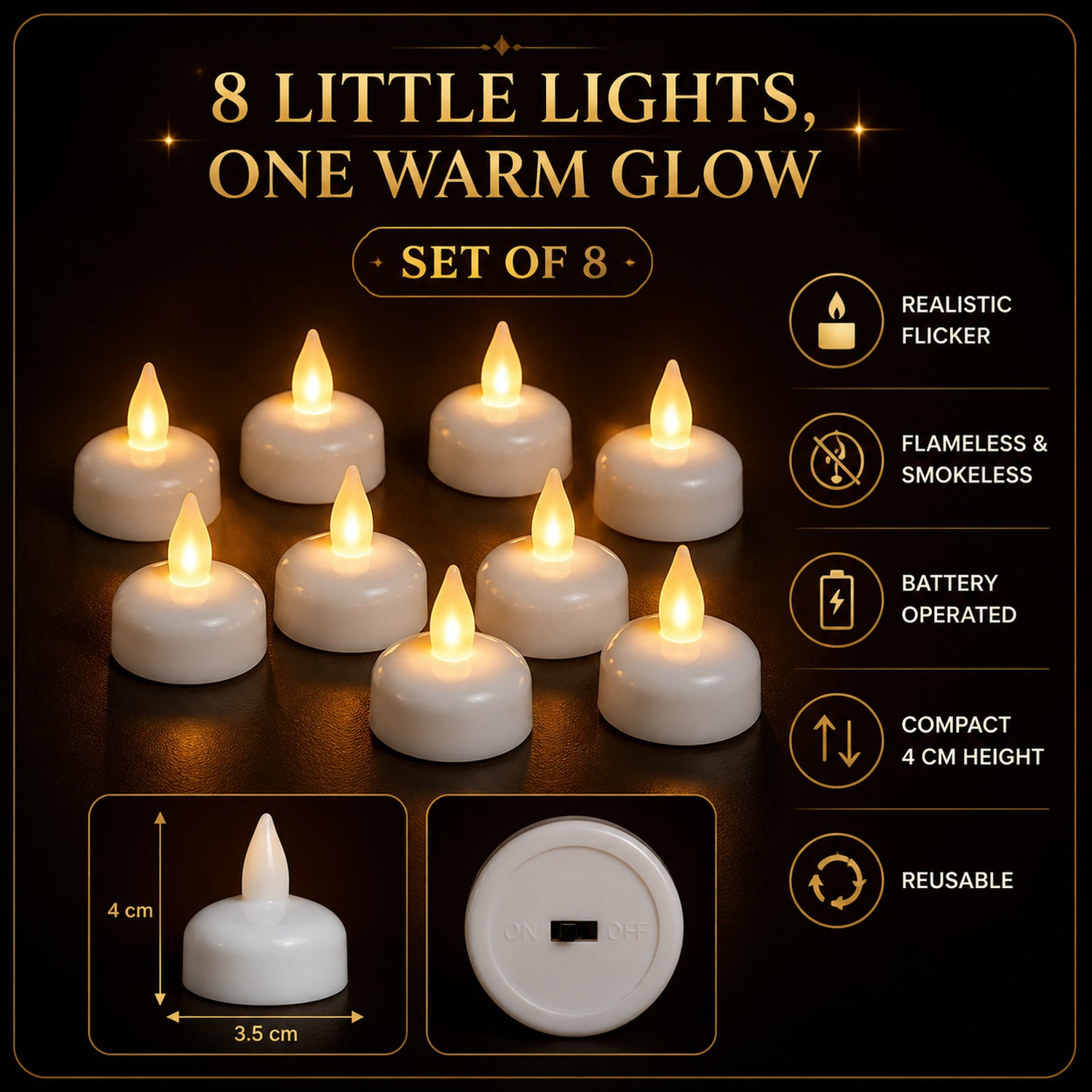 Round LED Flameless Tealight Candles – Safe Warm Glow Set of 8