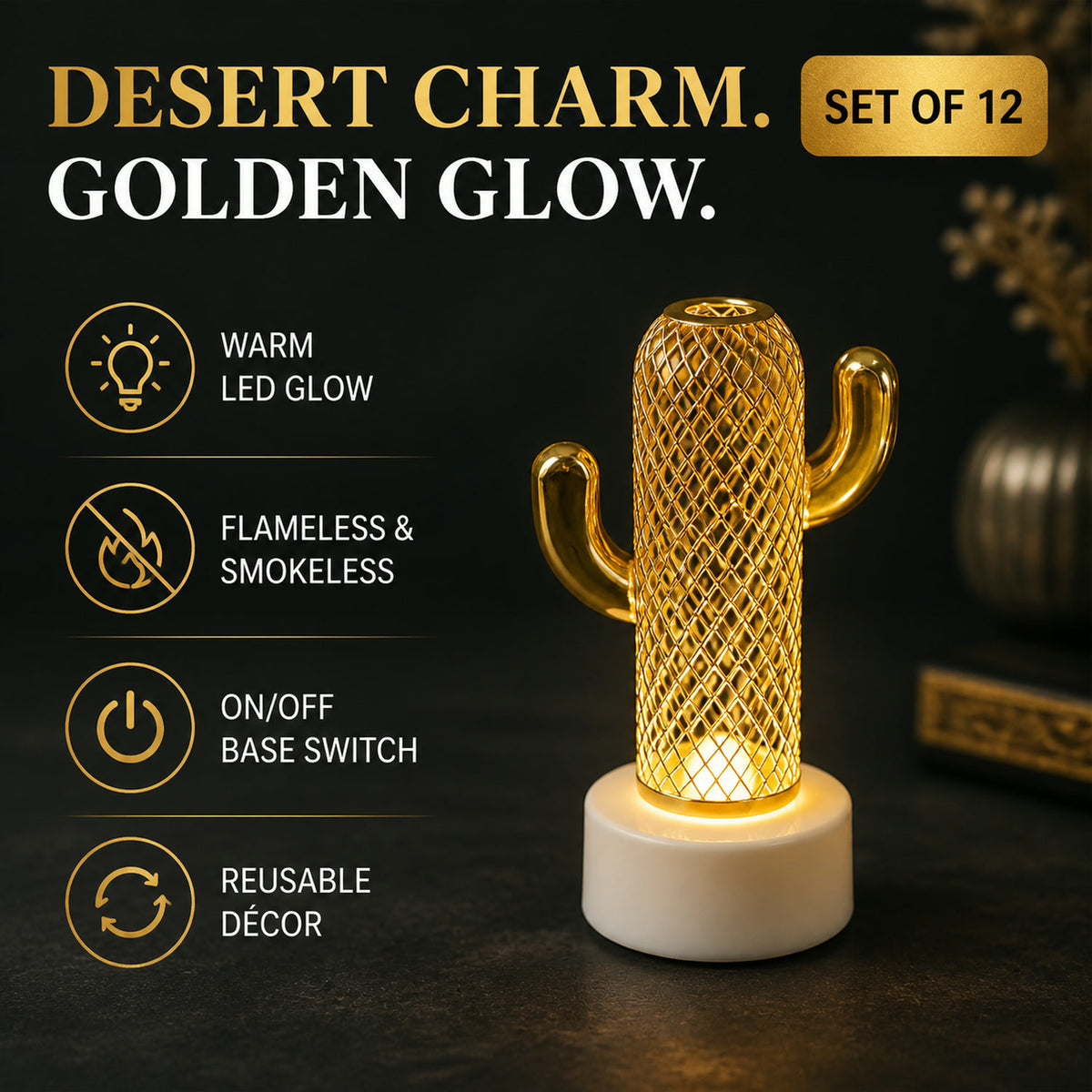 Cactus Shaped Flameless LED Candles – Set of 12 Safe Décor Lights