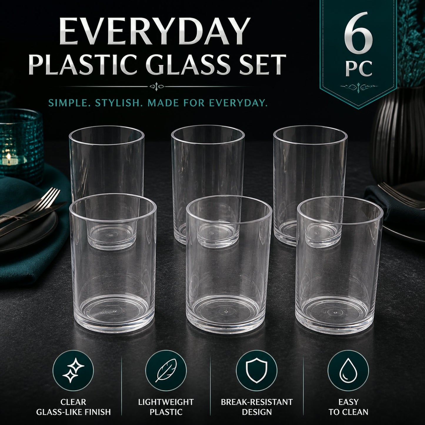 Durable Plastic Glass Set – 6 Lightweight, Unbreakable Tumblers