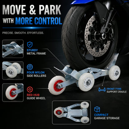 Motorcycle Front Wheel Parking Roller Stand – Heavy-Duty Metal Frame