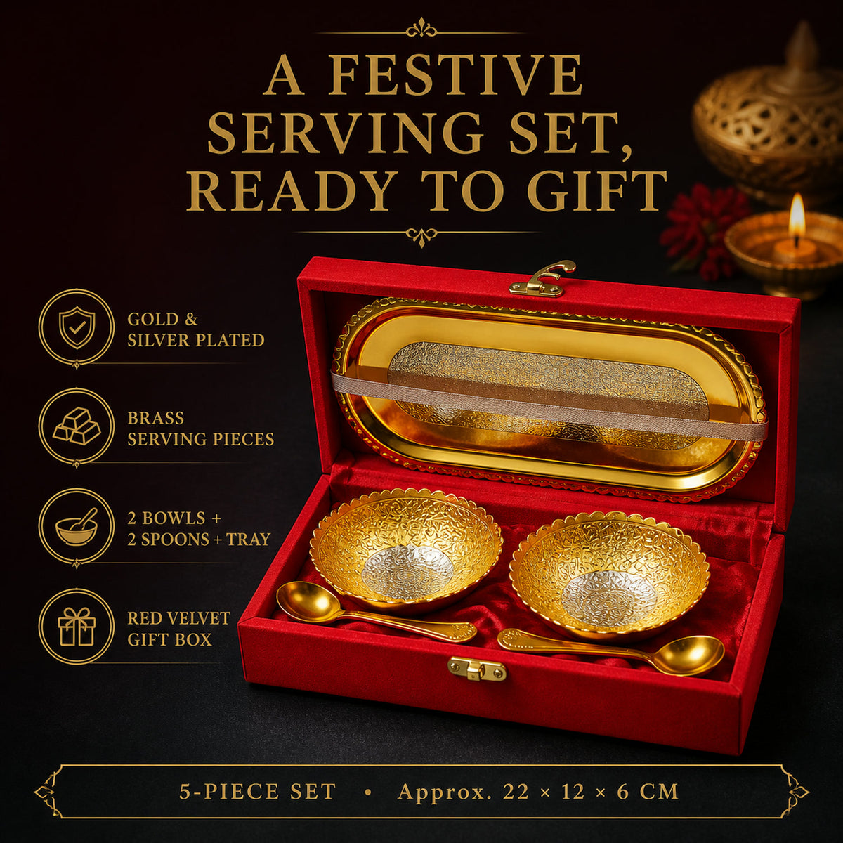 Gold Silver Plated Tray Set – Brass with Bowls & Spoons | Lunchie Bunchie