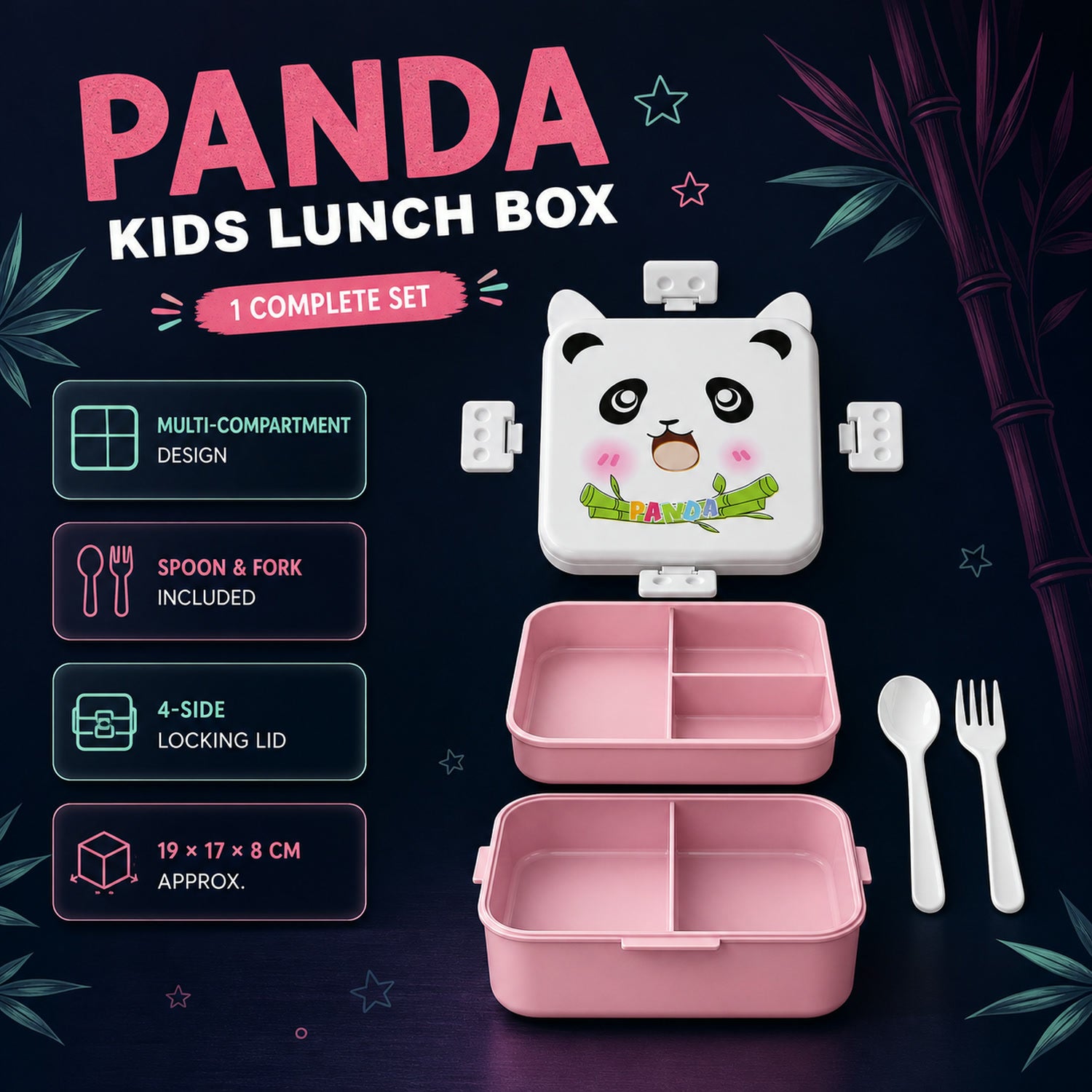 Panda Kids Lunch Box with 3 Compartments & Utensils