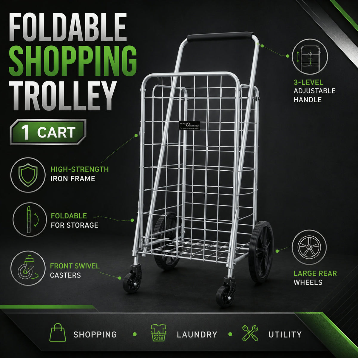 Foldable Shopping Cart – Durable Iron Frame & Dual Swivel Wheels | Organivo