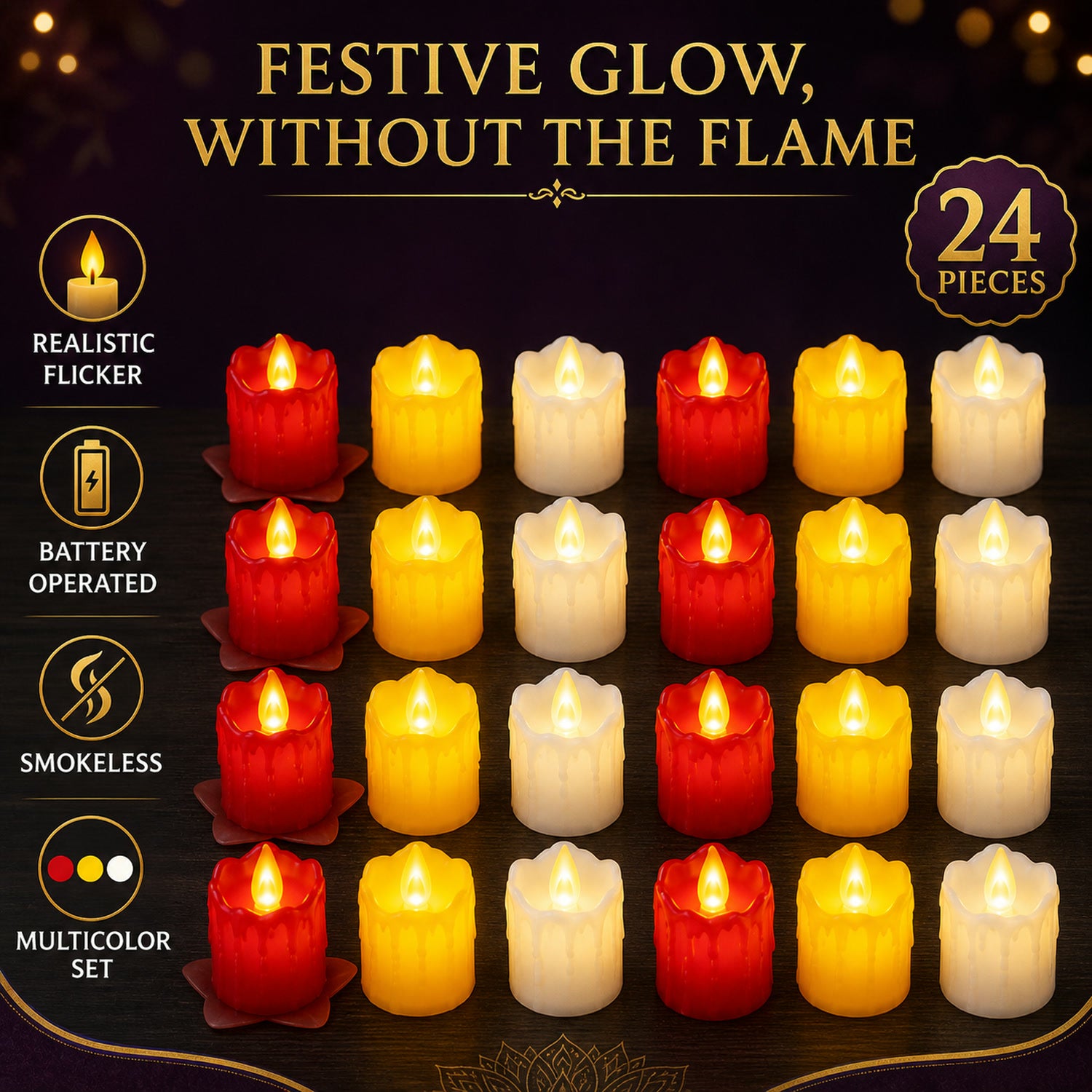 24 Multicolor Flameless Melted Candles for Diwali Decor