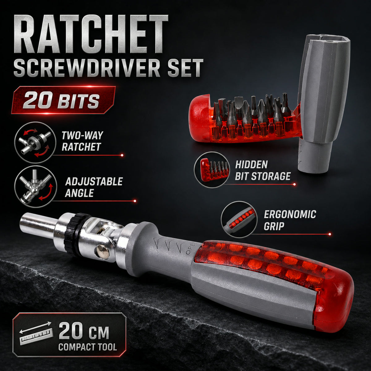 Ratchet Screwdriver Set – Adjustable Angle & 20 Bits | BoltForce
