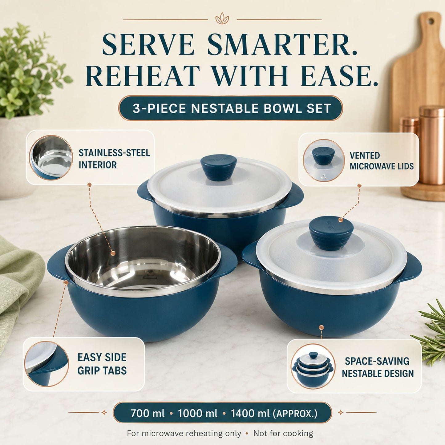 Microwave-Safe Serving Bowl Set – Durable 3-Piece Nestable Bowls