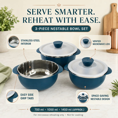 Microwave-Safe Serving Bowl Set – Durable 3-Piece Nestable Bowls