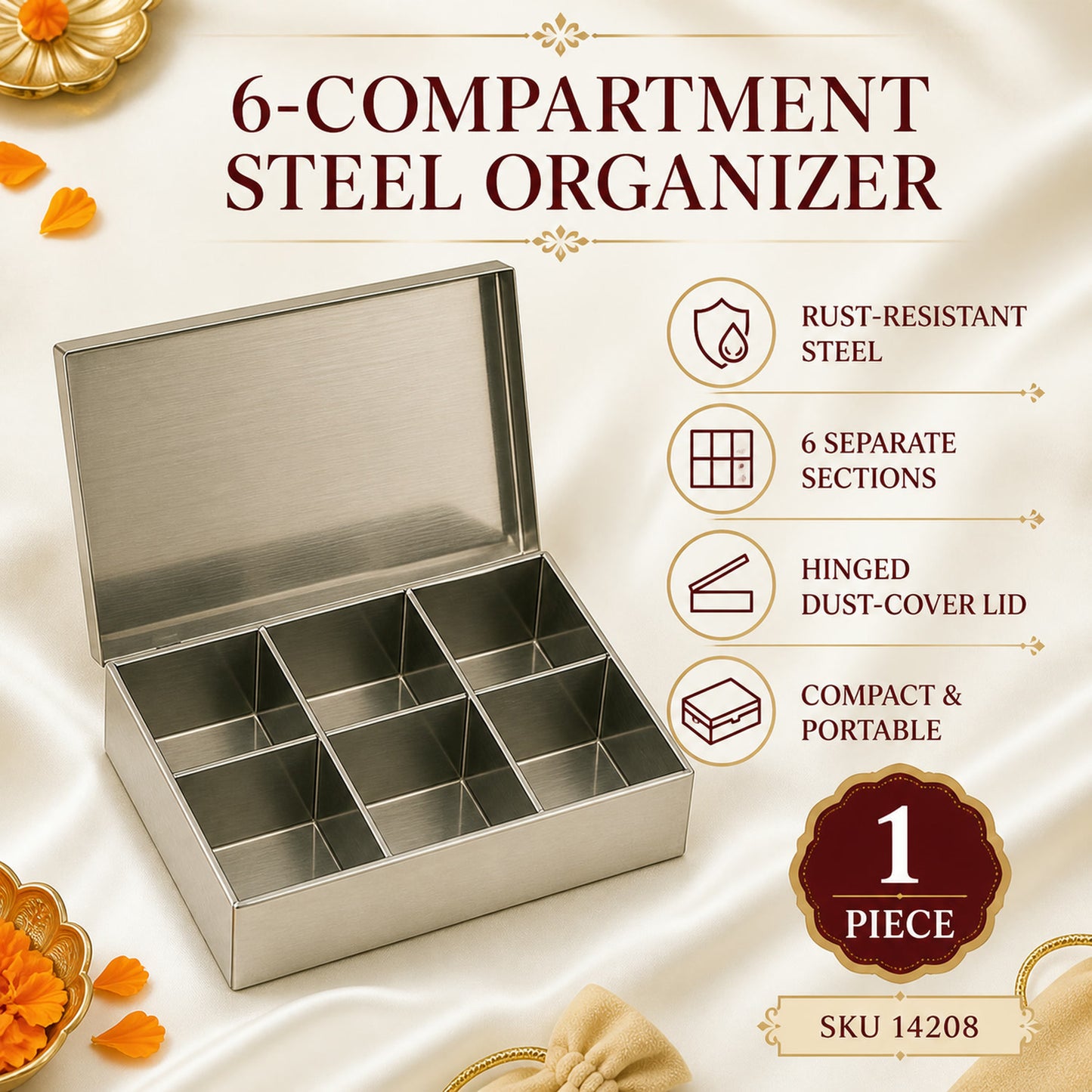 Stainless Steel Jewelry Organizer – 6-Compartment Storage Box