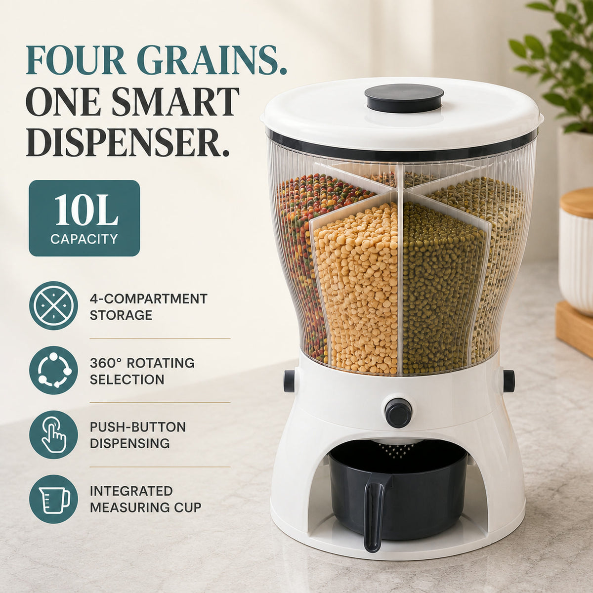 Rice Dispenser – 10L 4-in-1 Grain Storage | Tidy Table