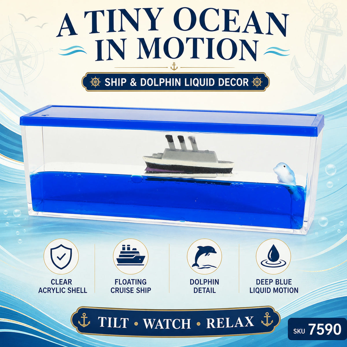 A clear rectangular acrylic box with blue liquid, a white and gray ship, and a small white dolphin inside, with text