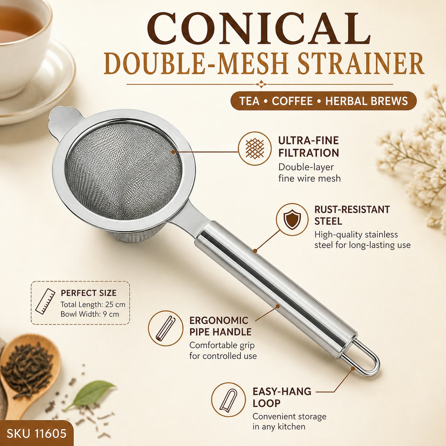 Stainless Steel Tea Strainer – Double Mesh for Smooth Brewing