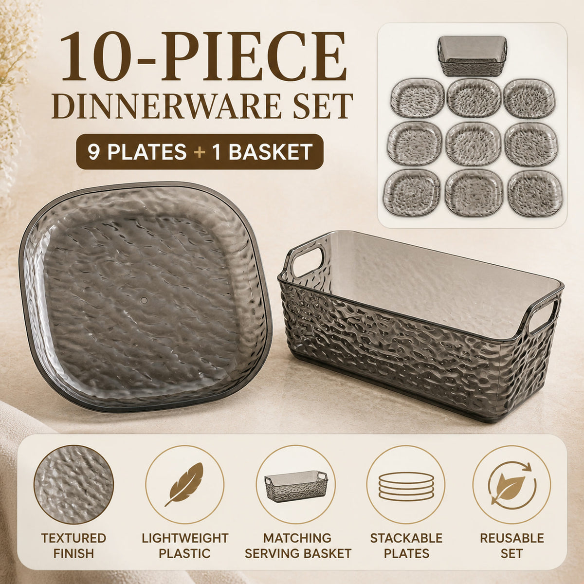 Reusable Plastic Dinner Plates Set – Durable & Lightweight 10-Pc