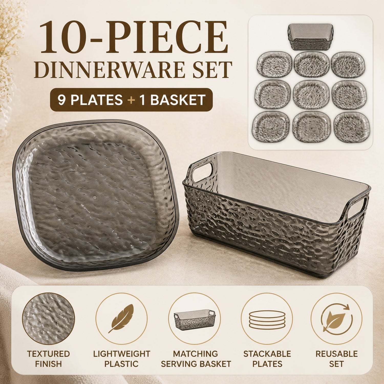 Reusable Plastic Dinner Plates Set – Durable & Lightweight 10-Pc