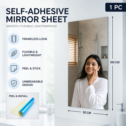 A woman looking into a mirror sheet with product features and dimensions of 100x50 cm.