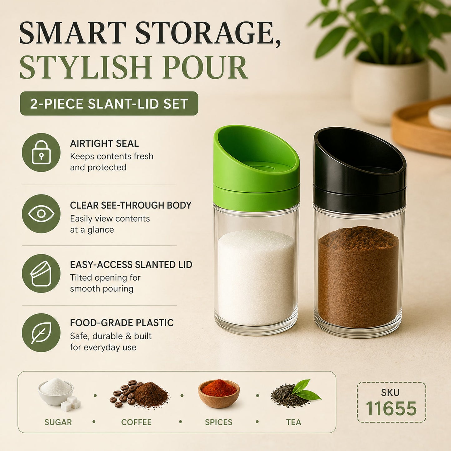 Kitchen Storage Jars – Airtight 2-Piece Slant-Lid Set