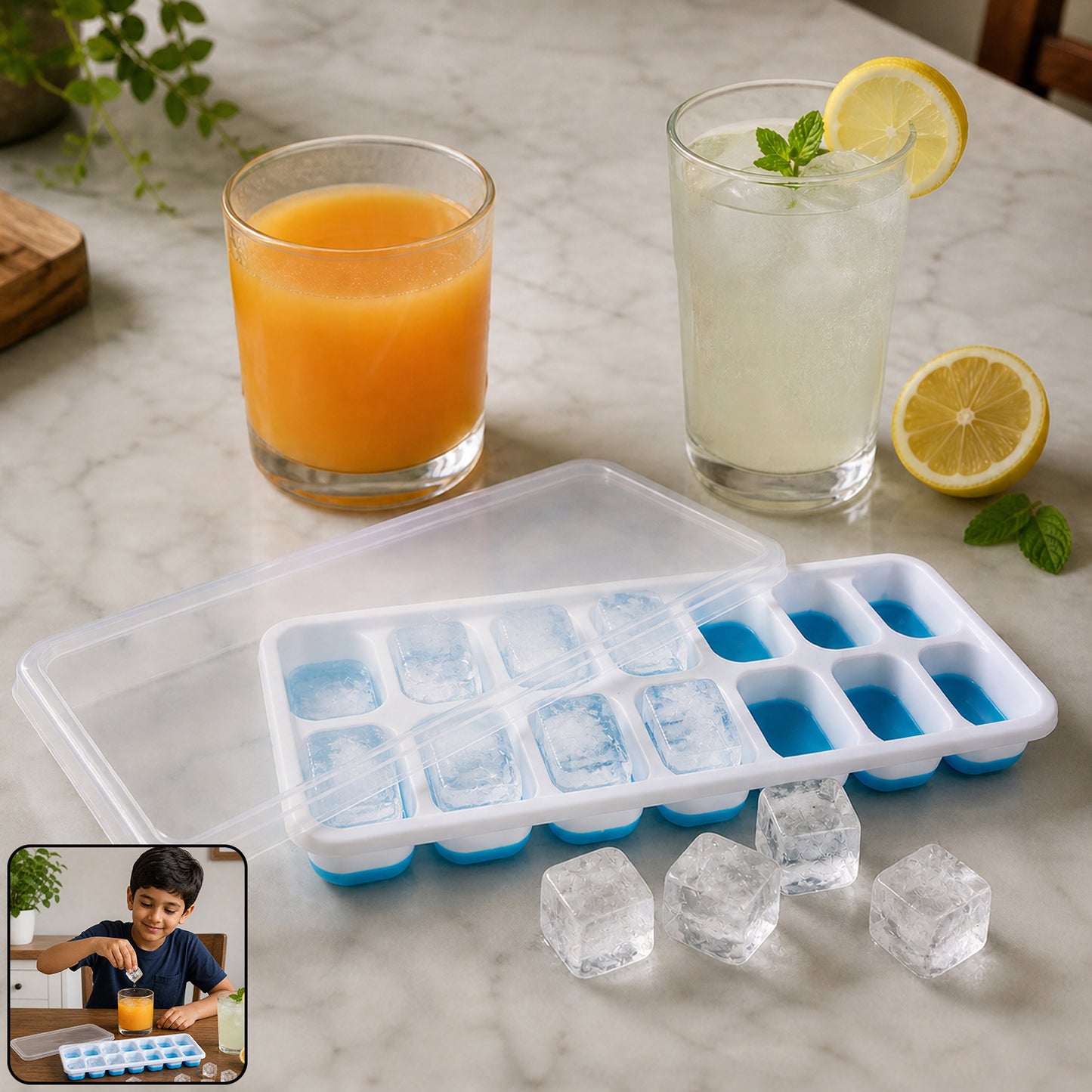 Multipurpose plastic ice cube tray with lid showing 14-grid compartments