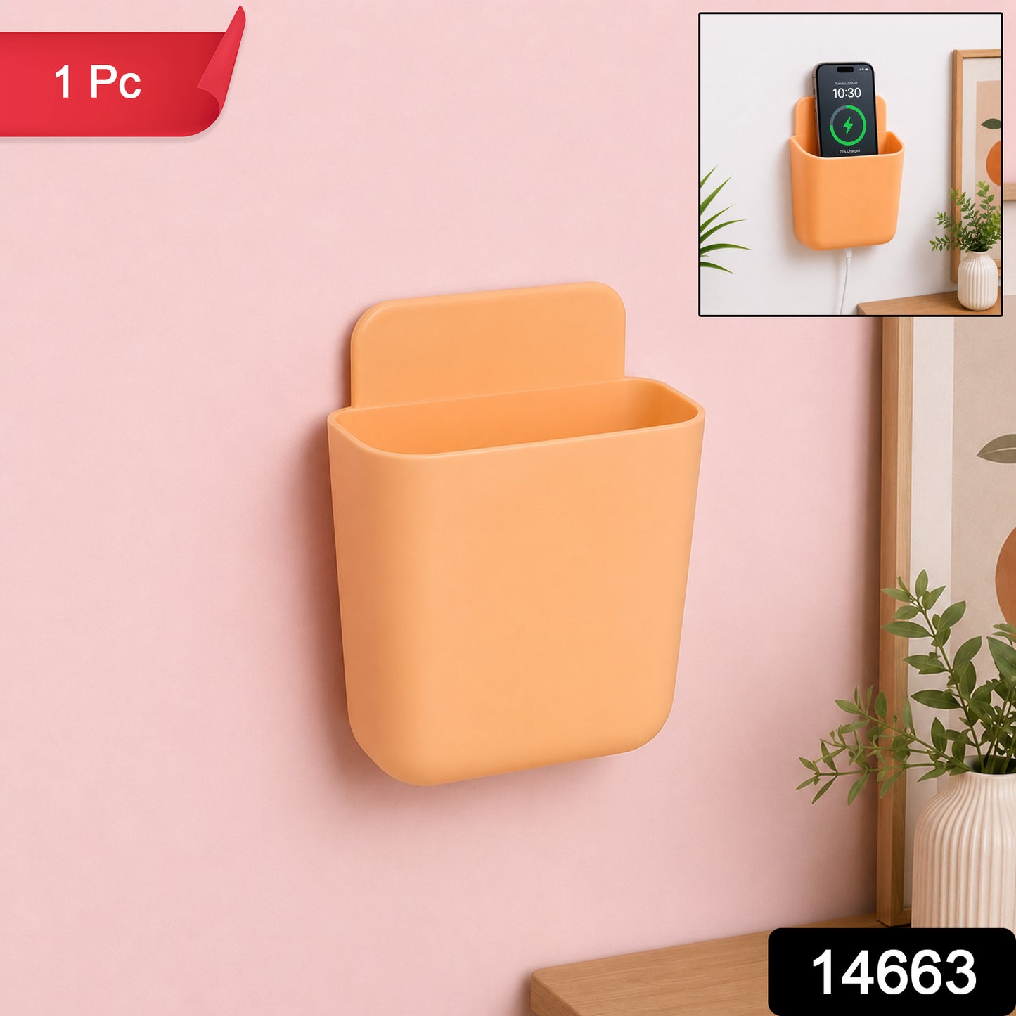 Close-up of Plastic Storage Pocket mounted on wall with keys and phone