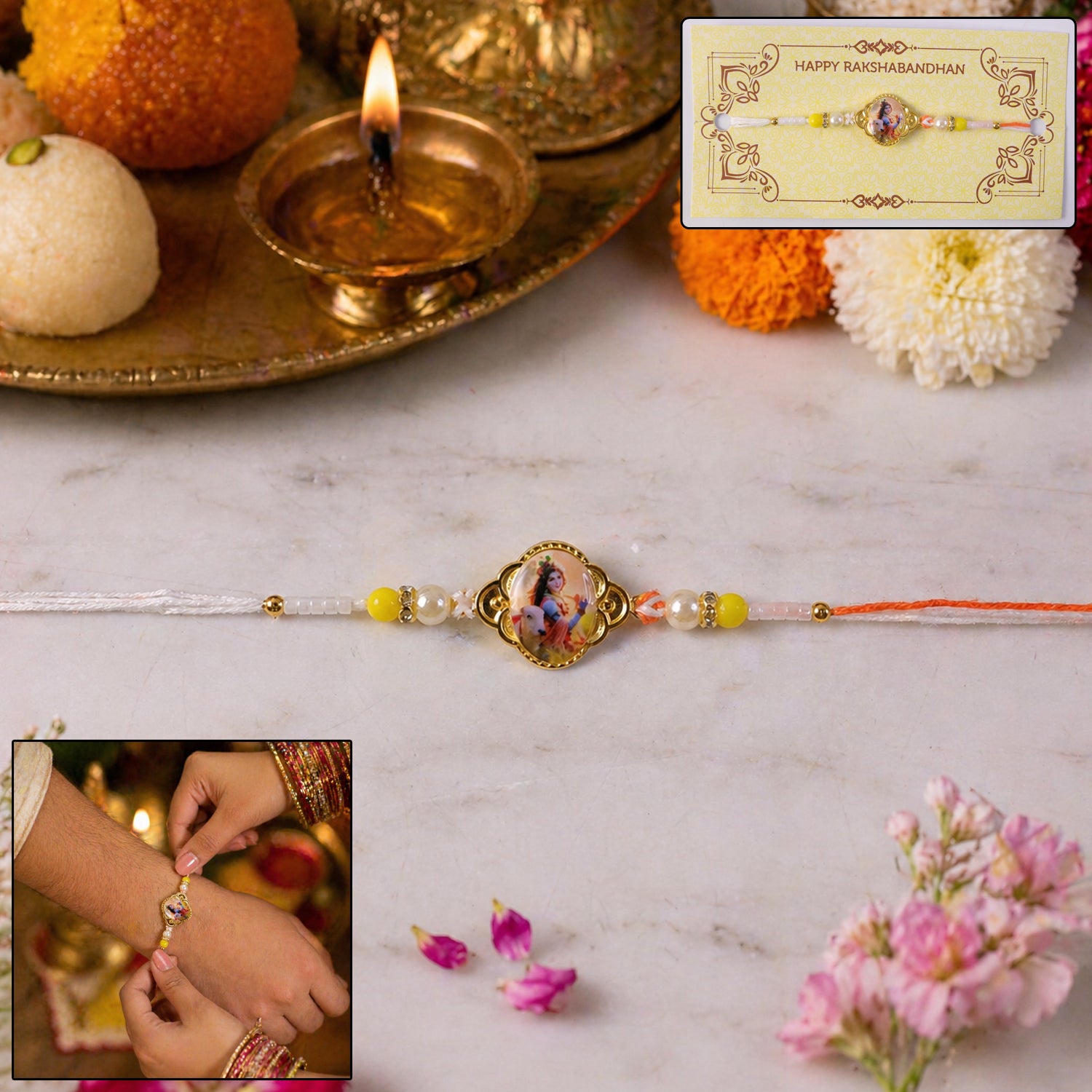 Close-up of decorative traditional Rakhi with beads and Lord Krishna image