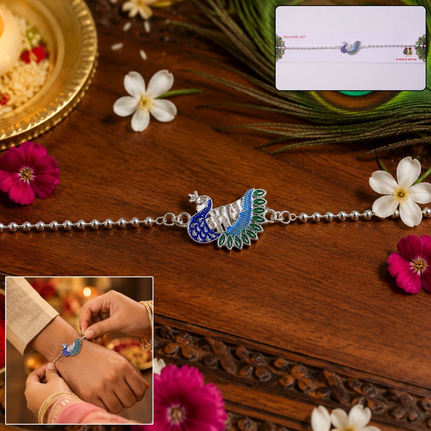 Close-up of silver peacock centerpiece Rakhi with beads