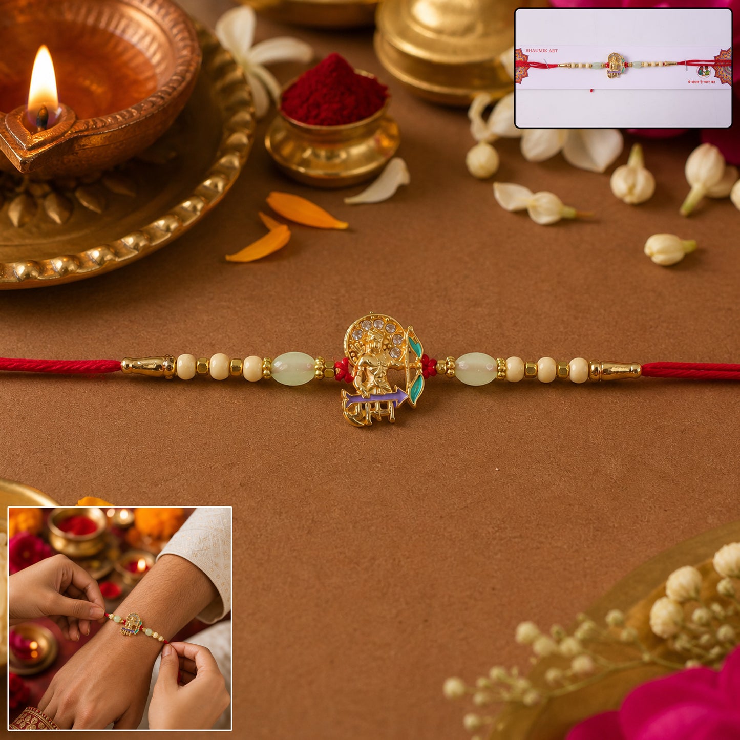 Traditional Lord Ram Rakhi with detailed centerpiece and beads