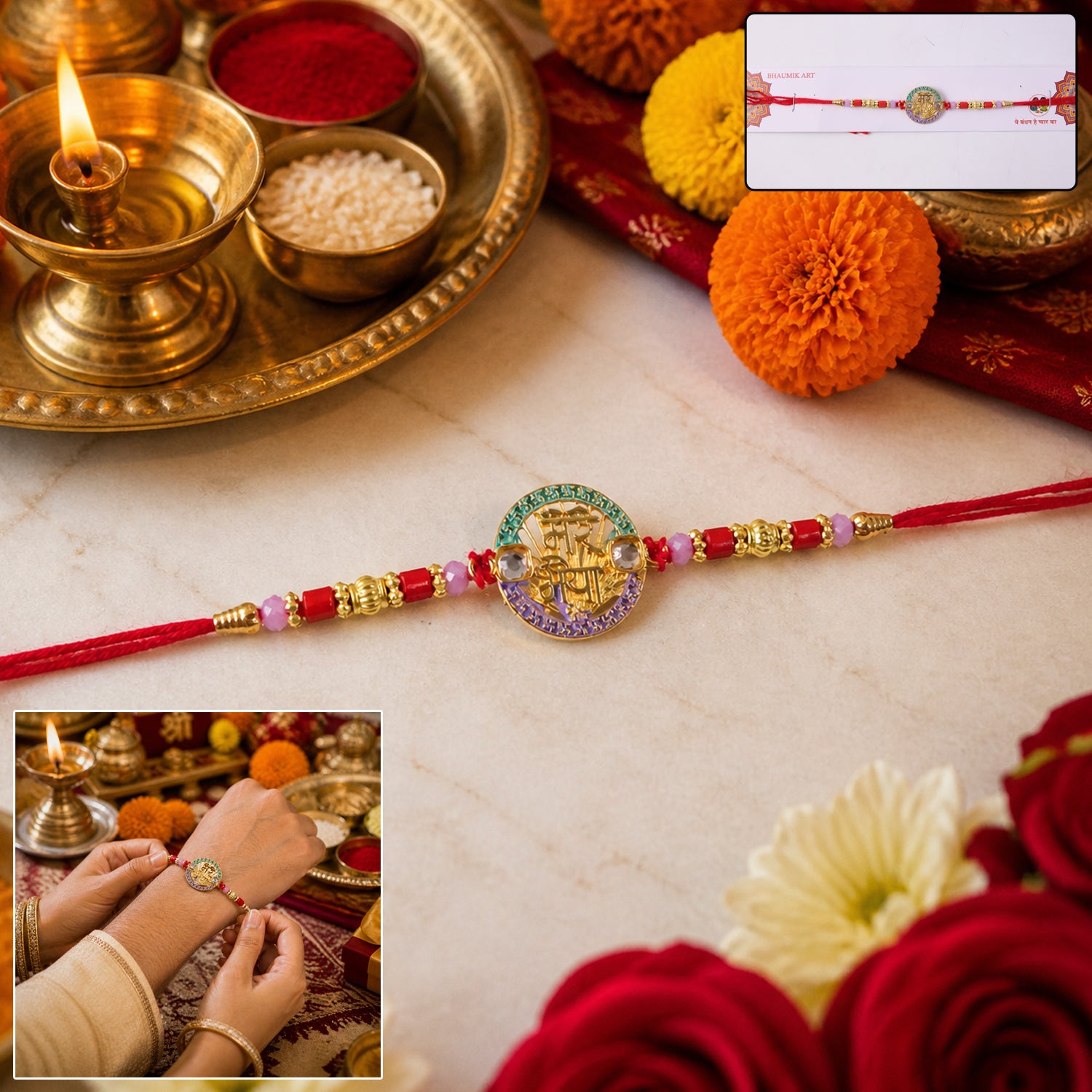 Close-up of decorative beads on Mere Bhaiya Designer Rakhi