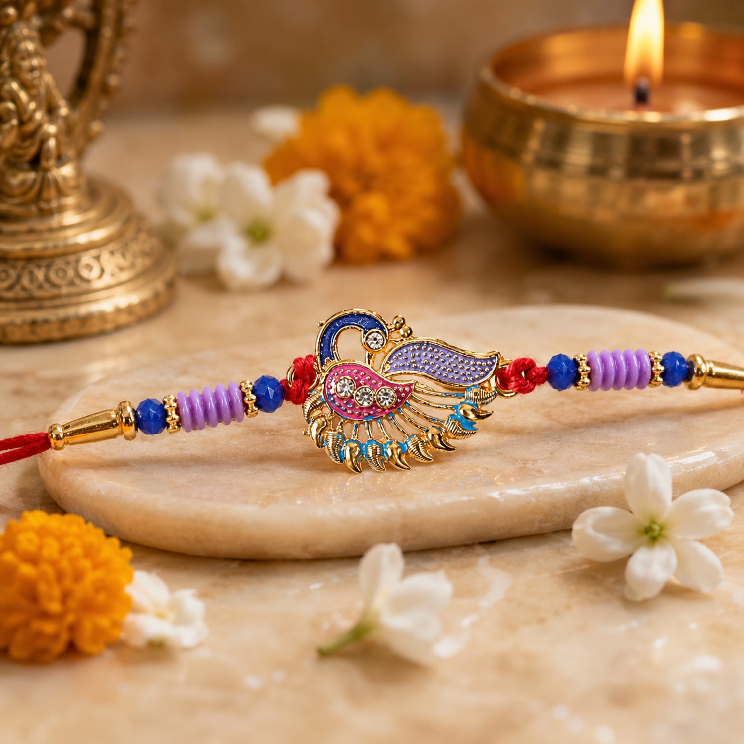 Designer Peacock Rakhi with Beads and Thread Traditional Rakhi (1 Pc)