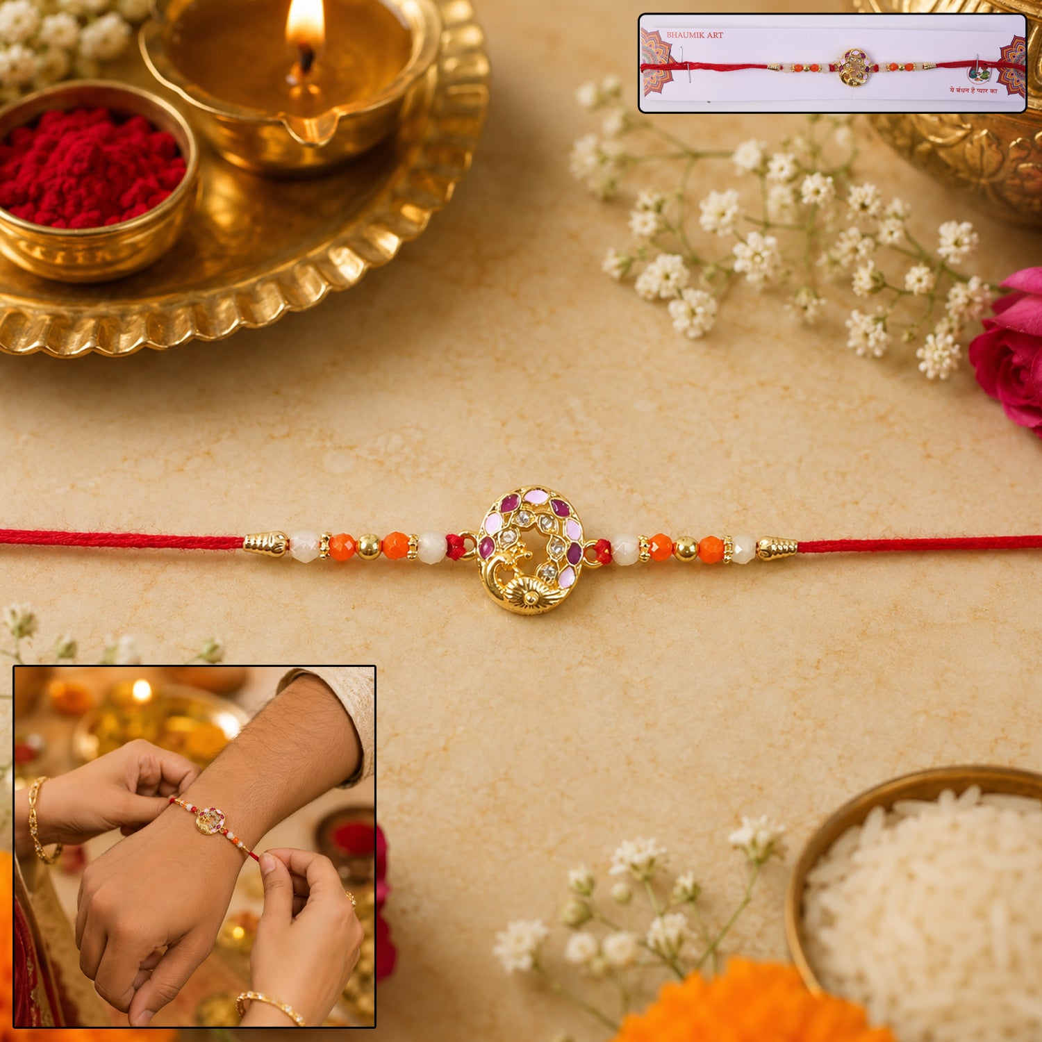 Peacock design rakhi shown alongside festive decorations