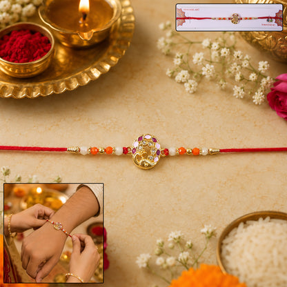 Peacock design rakhi shown alongside festive decorations