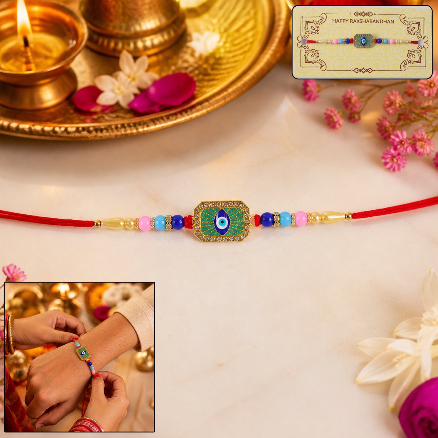 Close-up of decorative Evil Eye centerpiece on mint green thread Rakhi