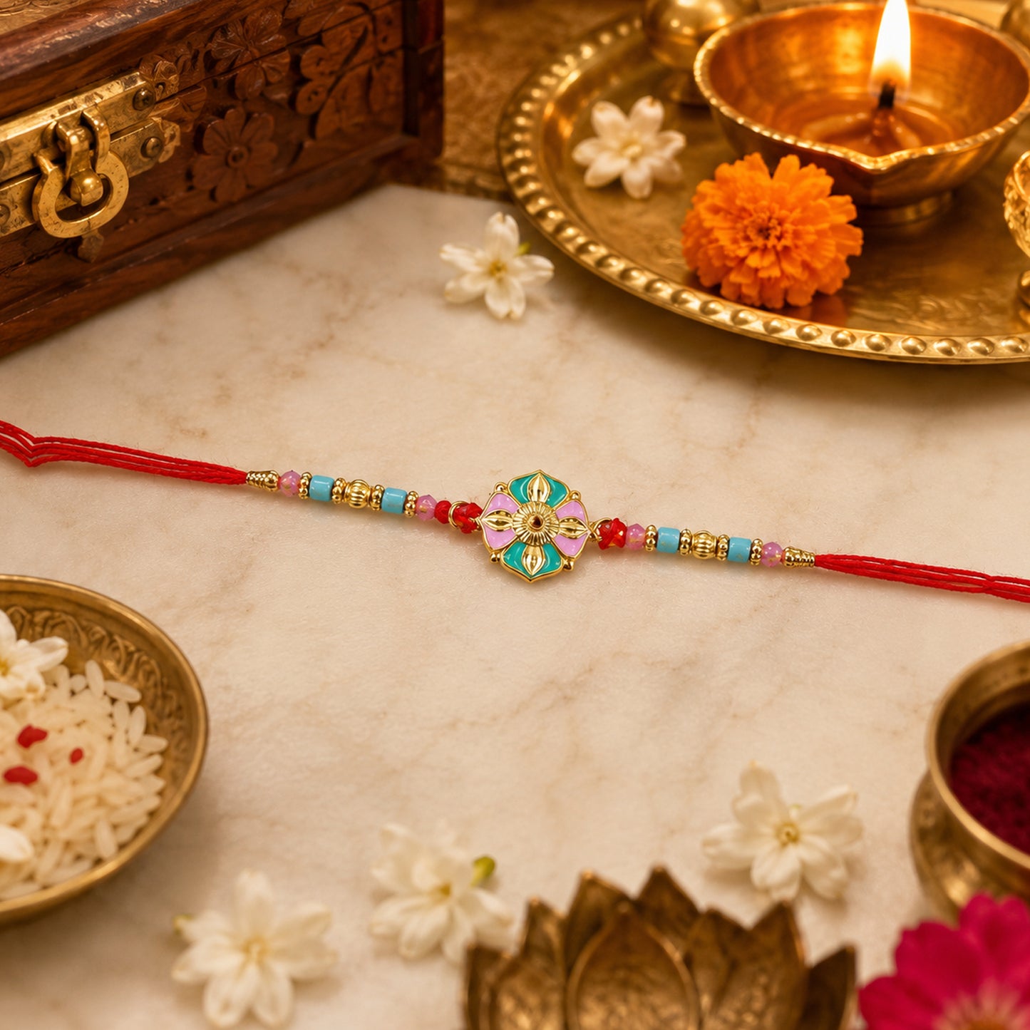 Flower motif Rakhi tied on wrist