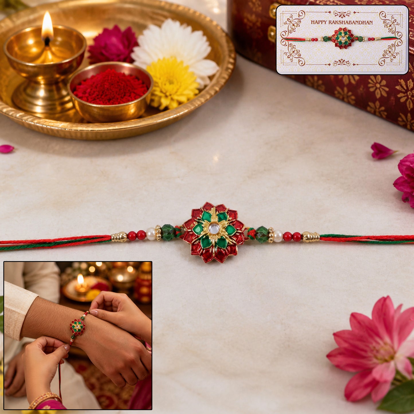 Elaborate Layered Lotus Rakhi Embellished in Red-Green Enamel and a Crystal Core