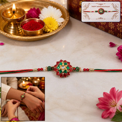 Elaborate Layered Lotus Rakhi Embellished in Red-Green Enamel and a Crystal Core