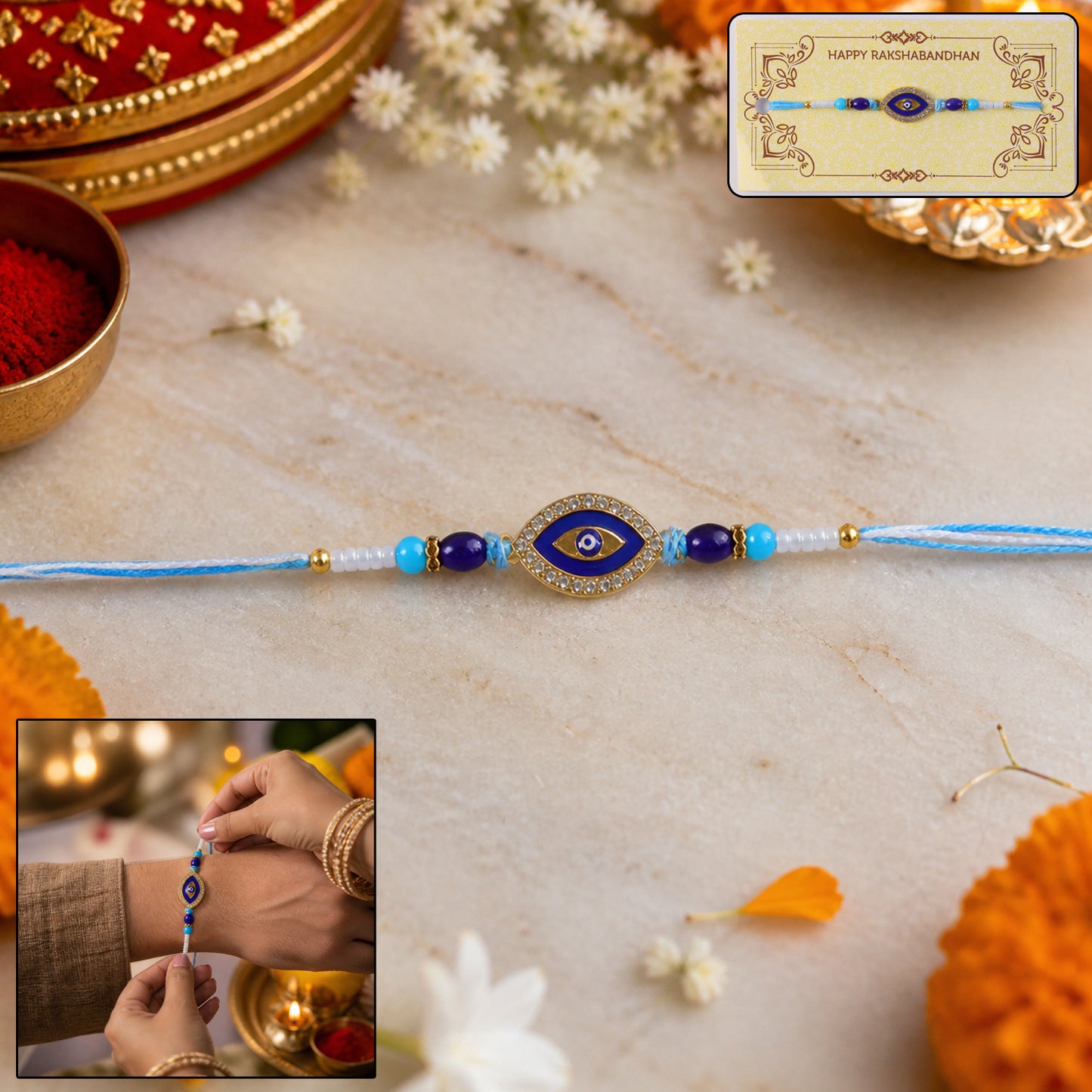 Evil Eye Designer Rakhi with Blue Beads (1 Pc)