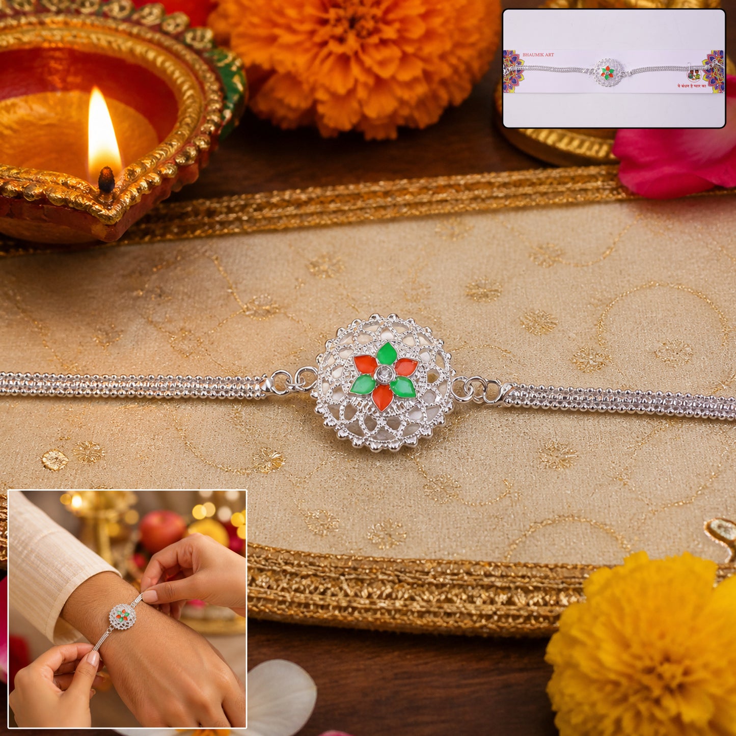 Traditional Rakhi thread with floral centerpiece and beads