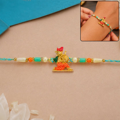Ganesh Charms Rakhi with Turquoise and Pearl Beads Elegant Festival Accessory (10pcs)