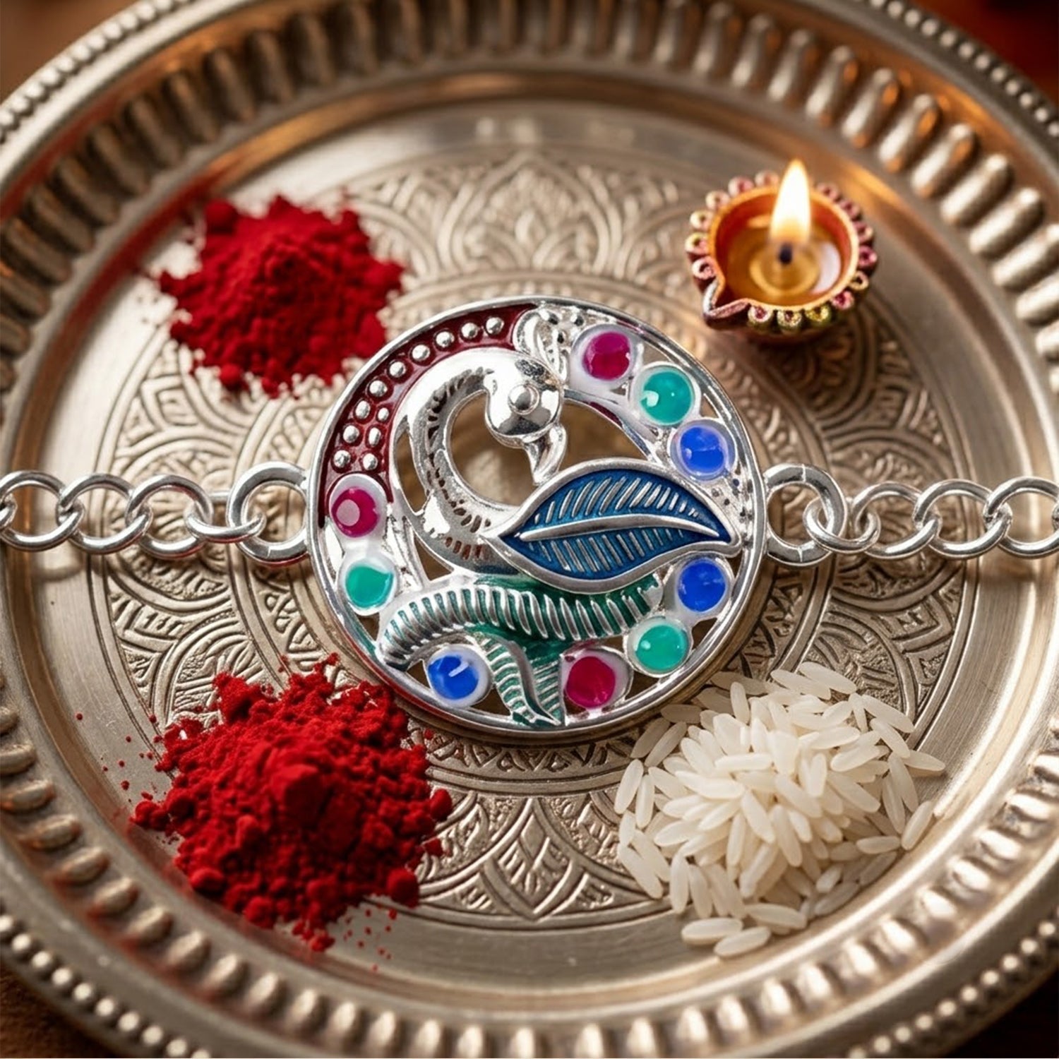 Peacock Enamel Rakhi for Brother Elegant Raksha Bandhan Gift (5pcs)