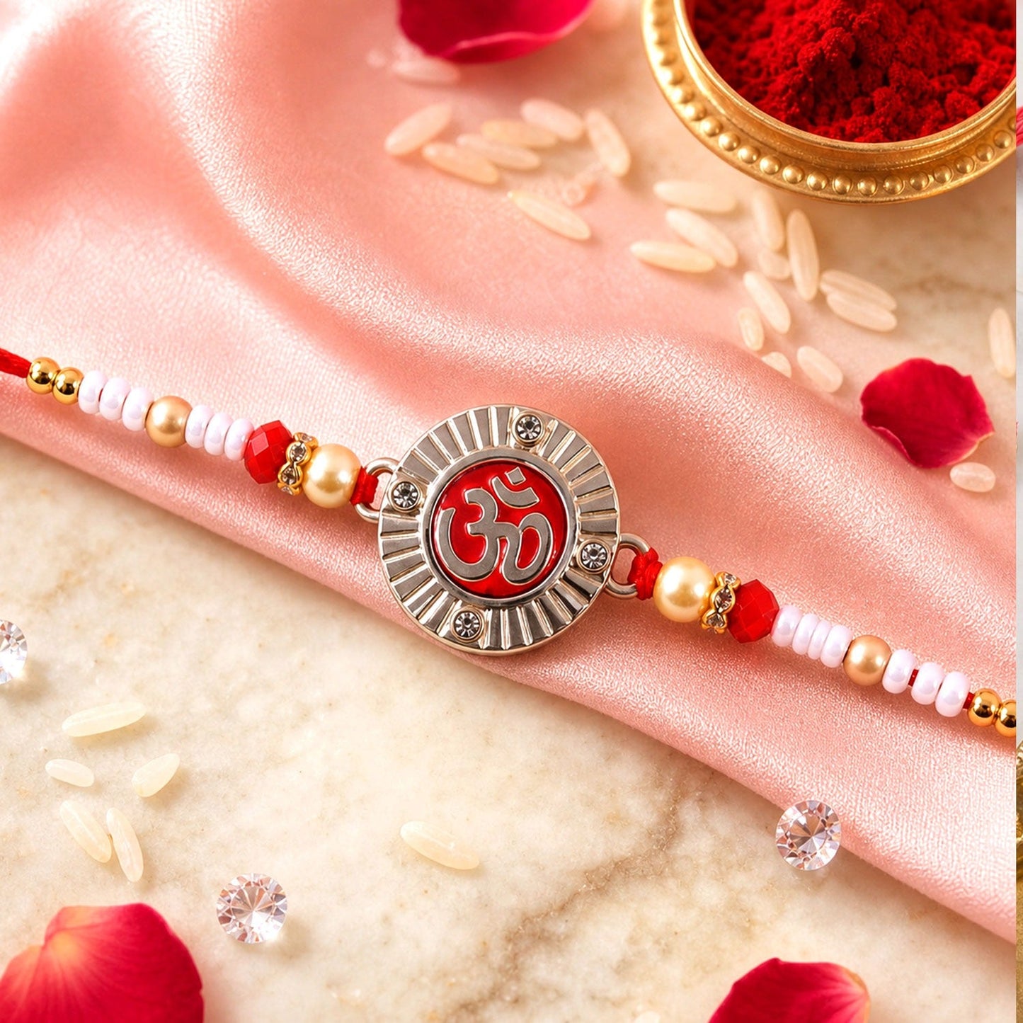 Om Round Charm Rakhi with Pearl Beads for Brothers (5pcs)