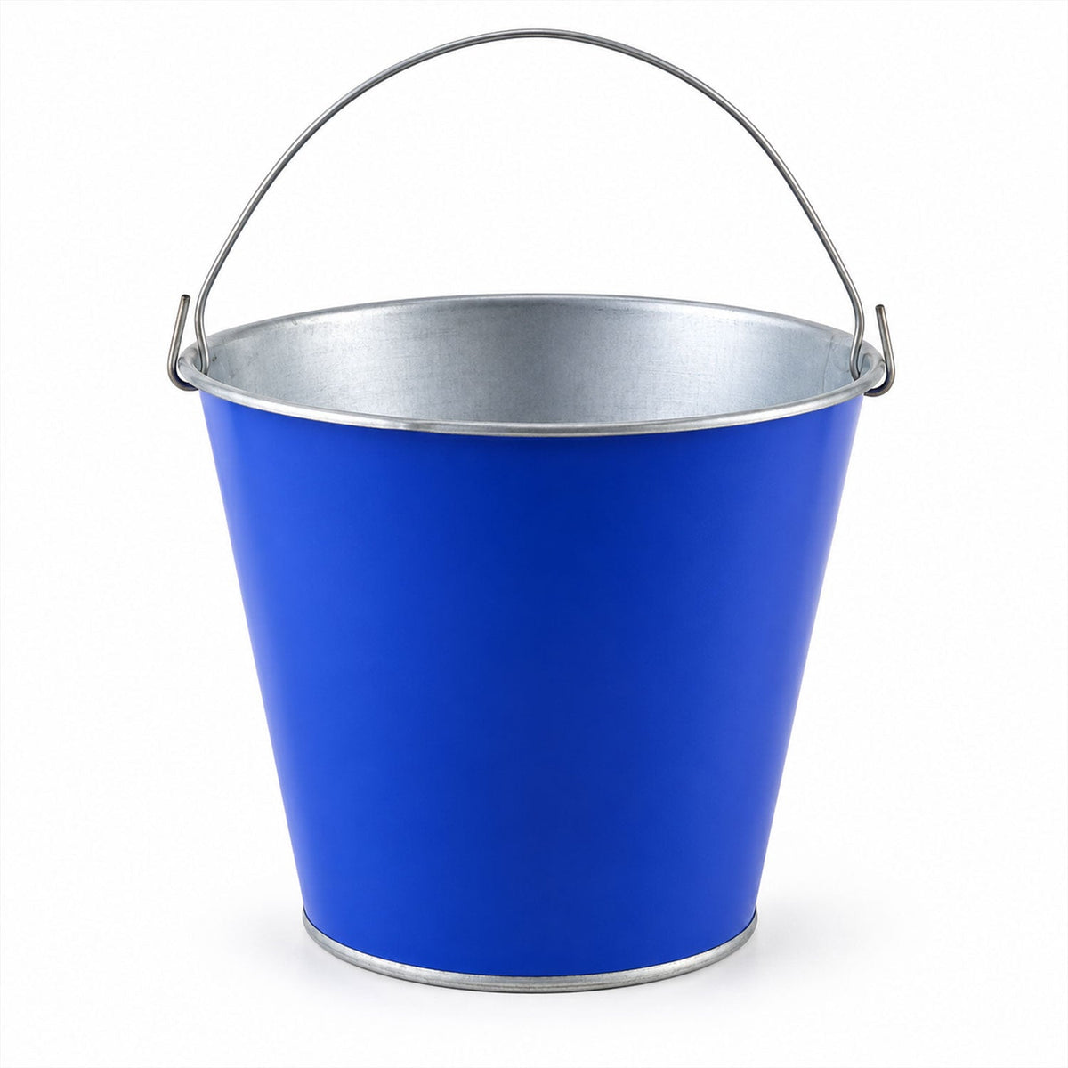 A blue metal bucket with a silver handle and rim, shown against a plain white background.