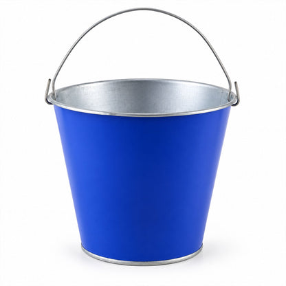 A blue metal bucket with a silver handle and rim, shown against a plain white background.