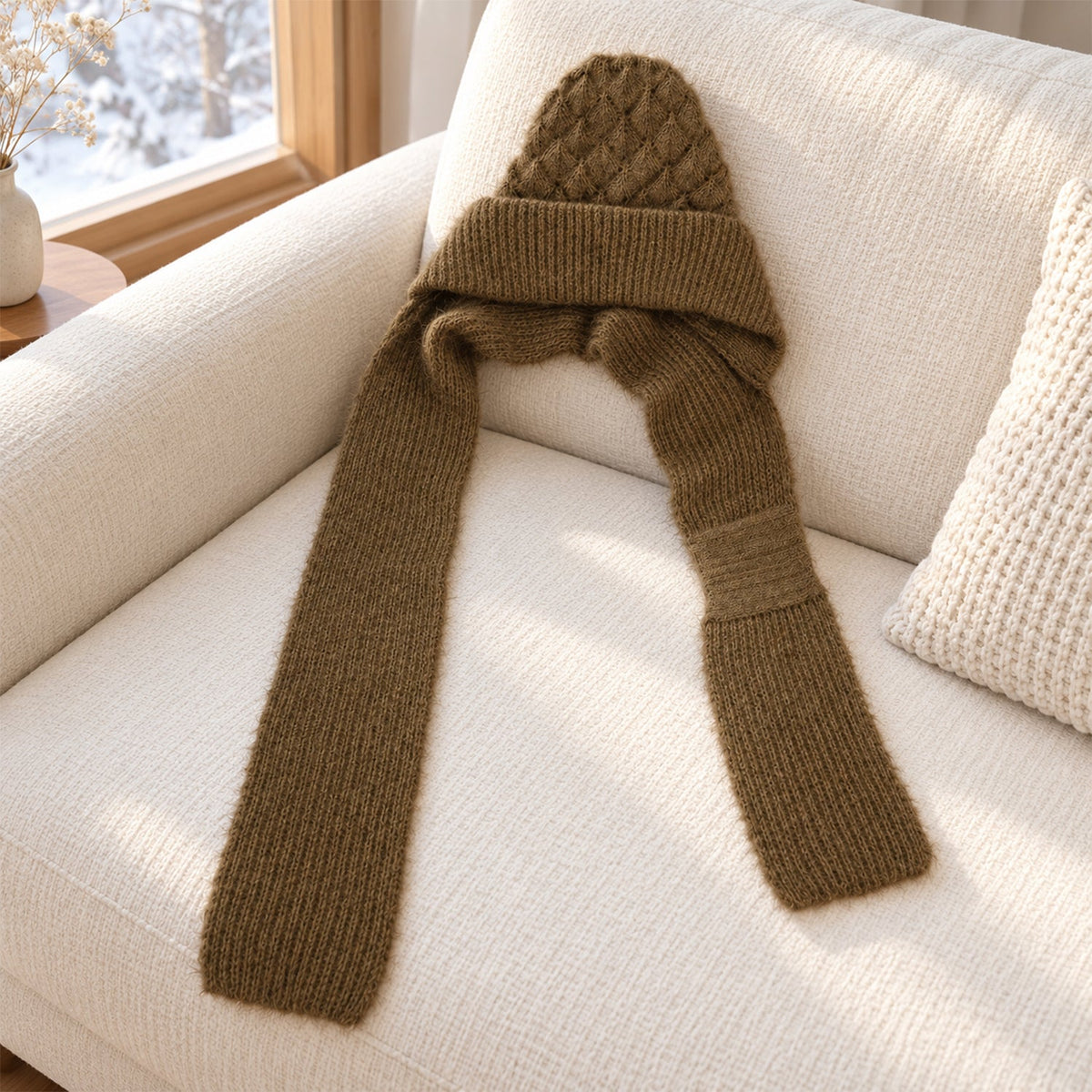 A brown knitted cap with an attached scarf is draped over a white textured sofa in a bright room.