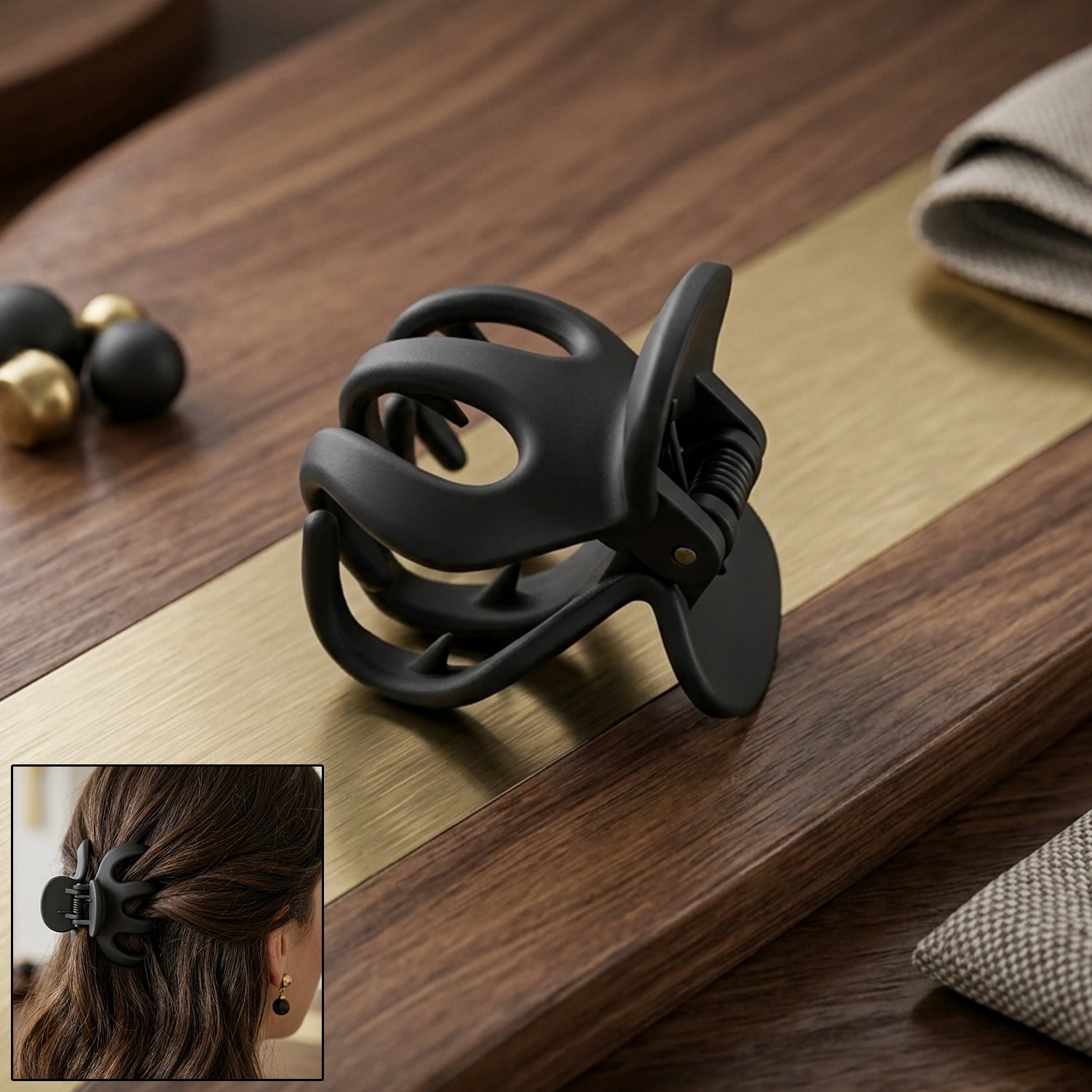 Minimalist matte hair claw clip detail