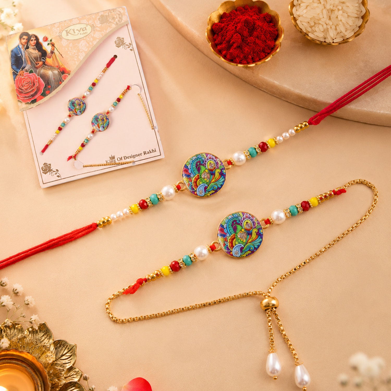 Bhaiya Bhabhi Peacock Meenakari Rakhi & Pearl Drop Lumba