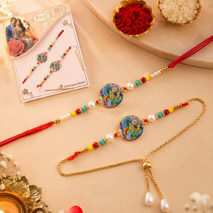 Bhaiya Bhabhi Peacock Meenakari Rakhi & Pearl Drop Lumba