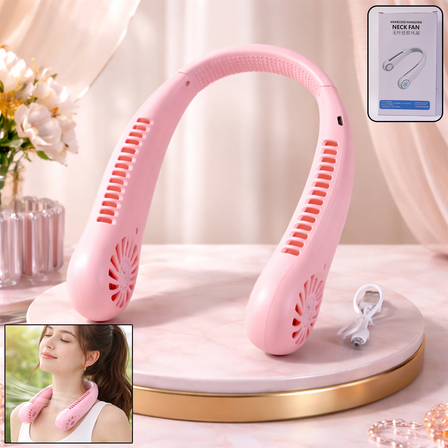 pink portable usb neck fan
