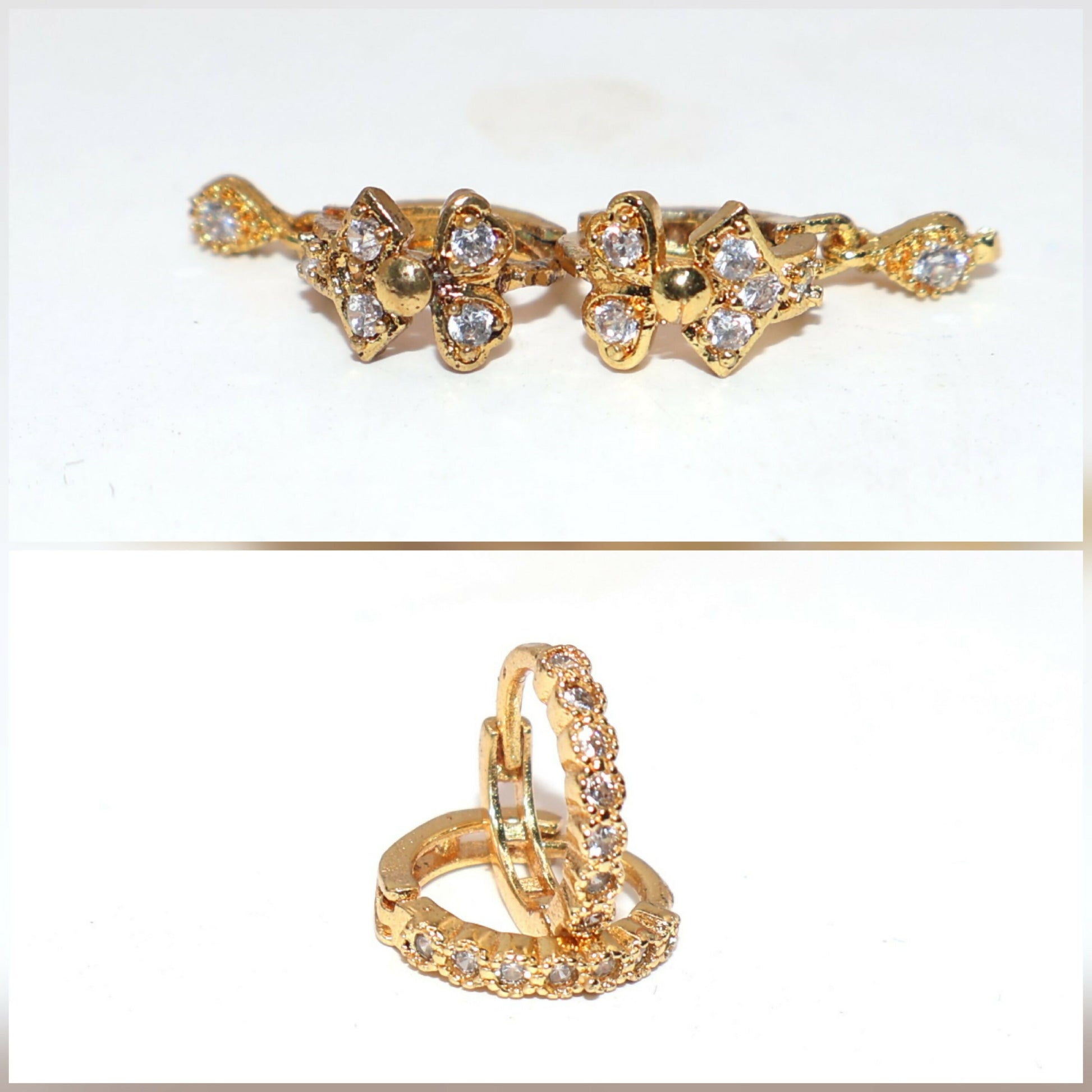 Gold huggie hoop and flower dangle earrings set displayed on white background