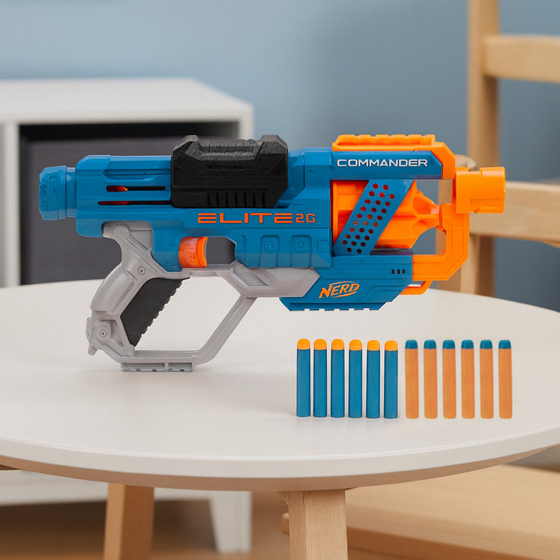 Side view of Nerf Elite 2.0 Commander Blaster foam dart gun showing rotating barrel