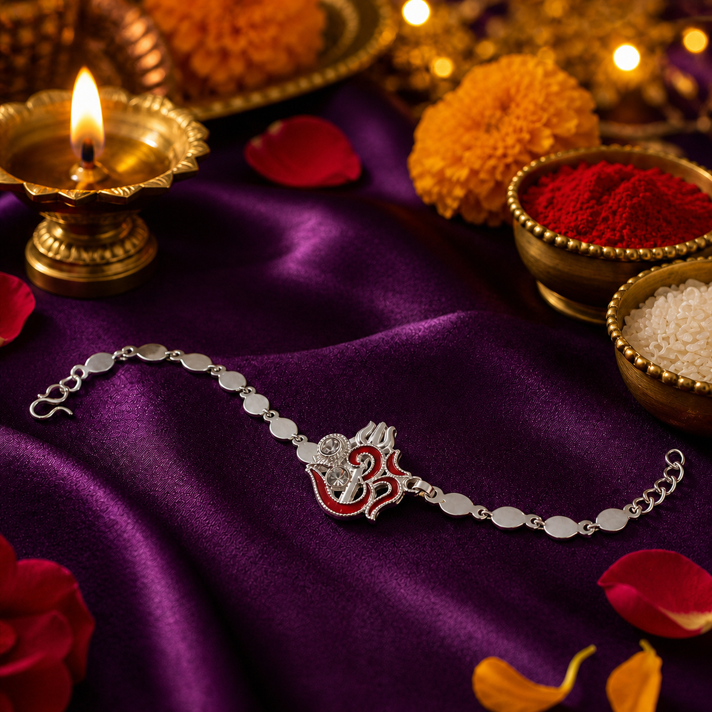 Religious Om Trishul Motif Silver Enamel Petal Chain Rakhi