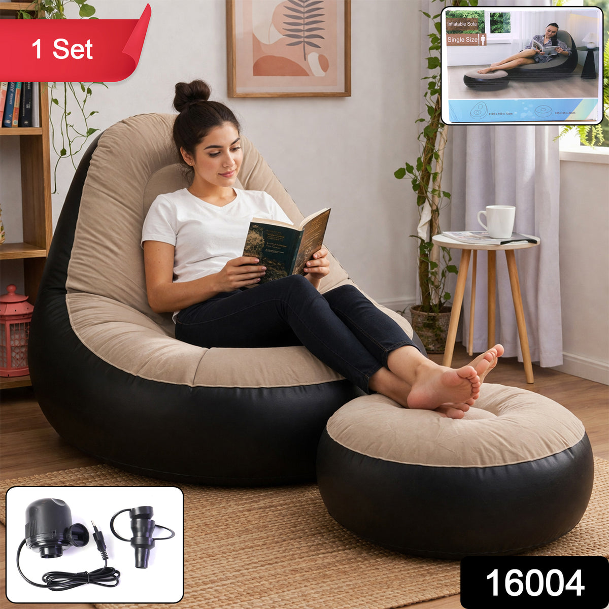 Person sitting comfortably on inflatable sofa with matching footrest