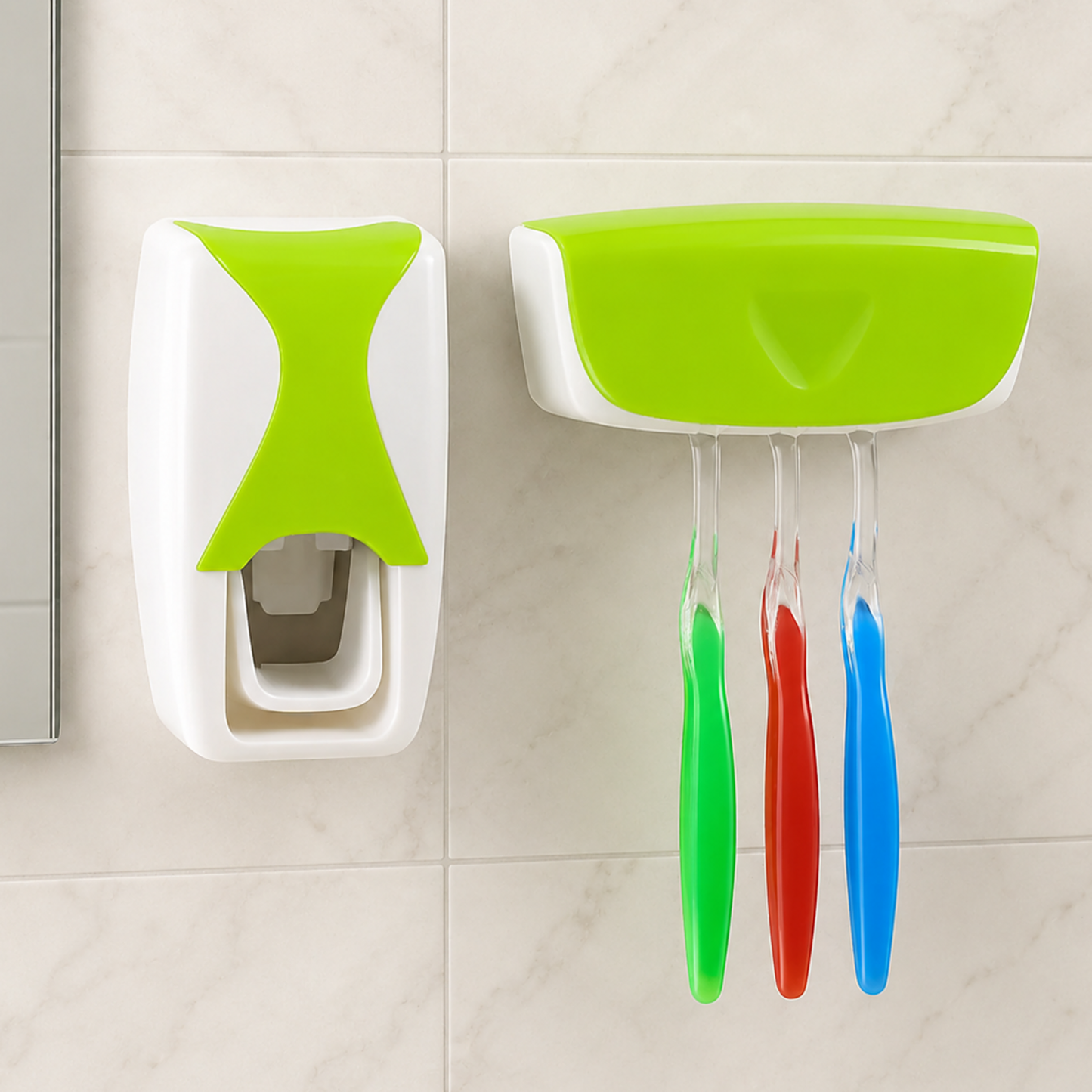 White and lime green automatic toothpaste dispenser and toothbrush holder mounted on a tiled wall with three toothbrushes.
