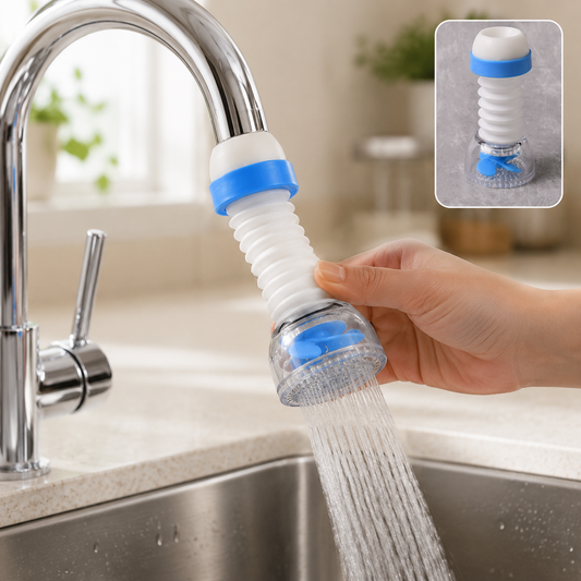 A hand holds a white and blue adjustable tap filter under a chrome faucet, spraying water into a sink. A smaller filter is